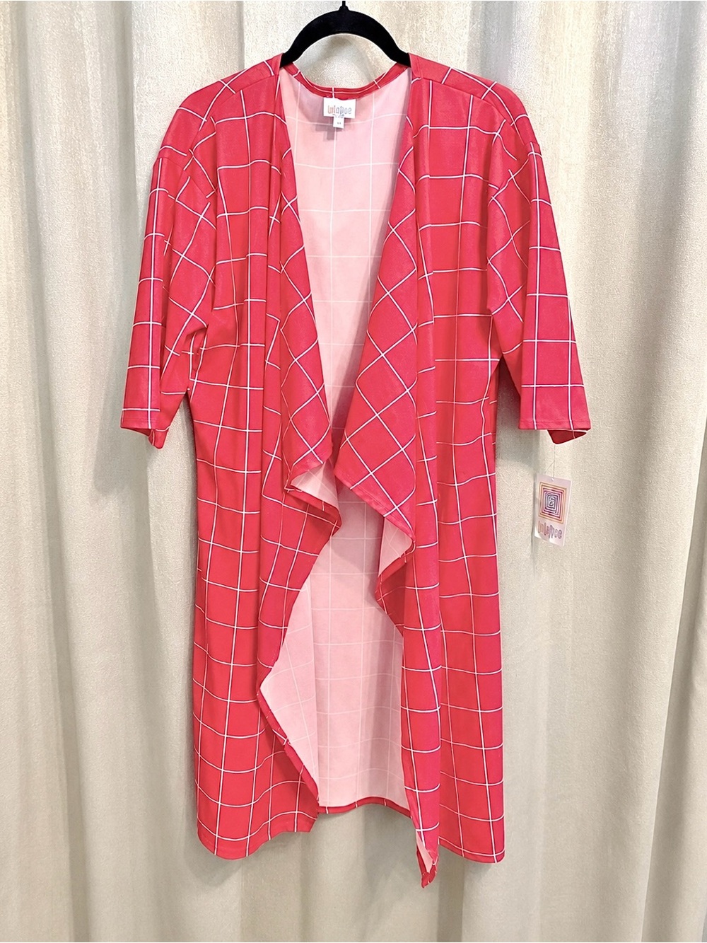 LuLaRoe Shirley Cardigan Size Medium Red & White Grid Open Front Duster NWT